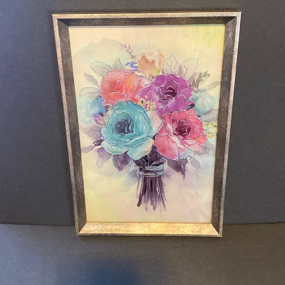 Cottage core Beautiful rose’s bouquet silver outlined watercolor painting